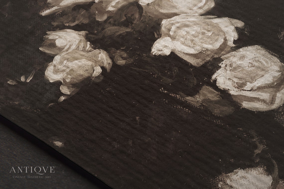 White Roses Dark Background Chiaroscuro Vintage Flower Print - Image 4