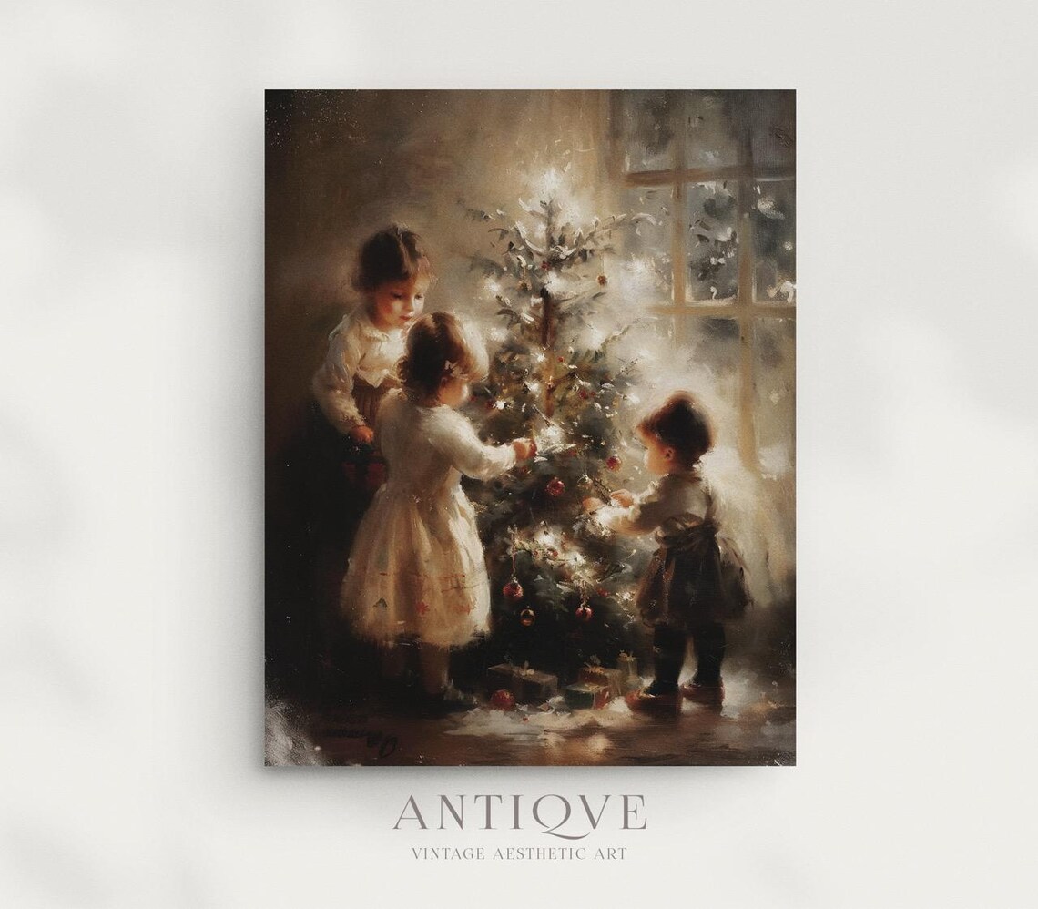 Children Decorating Christmas Tree, Winter Room Scene Art Print - Image 3