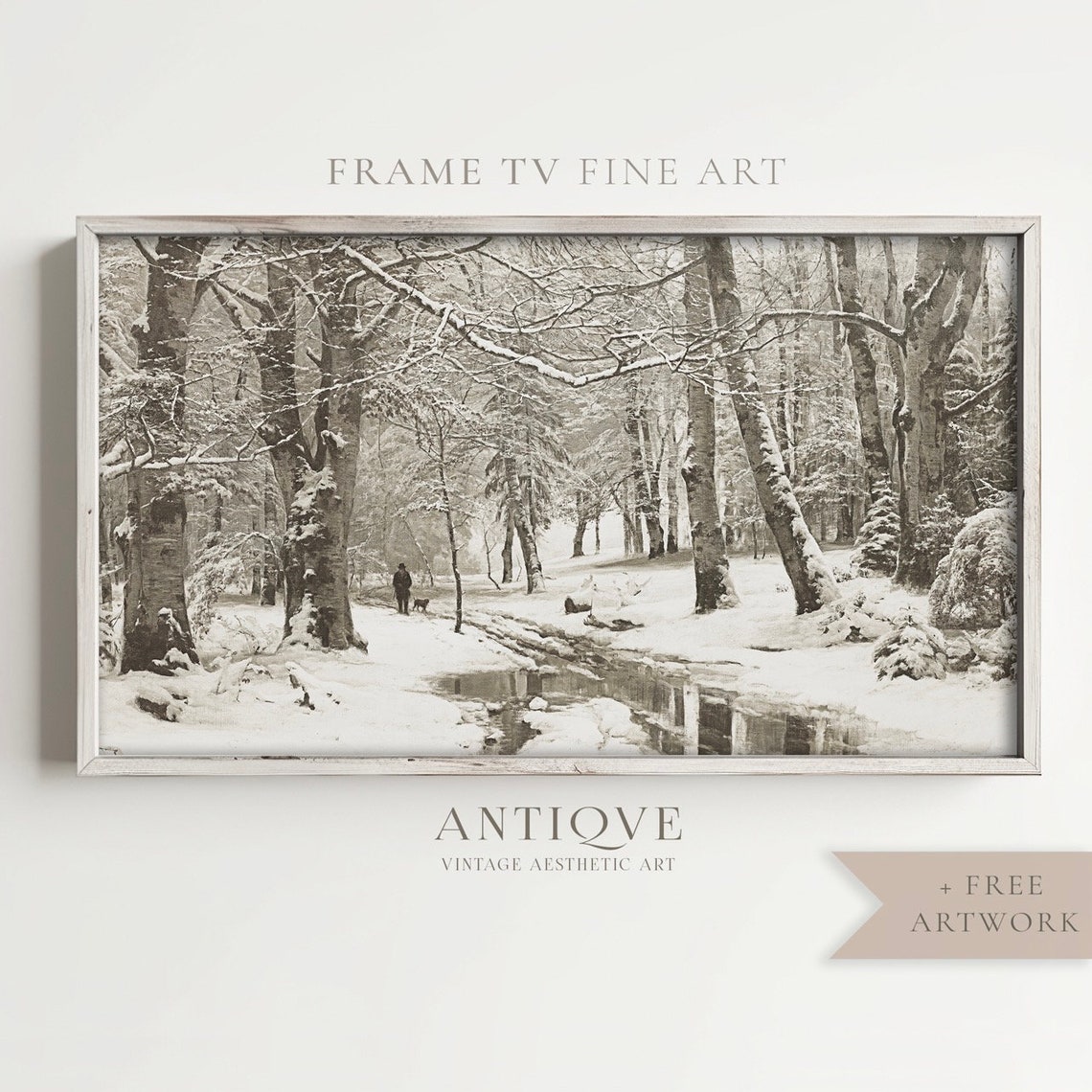 Snowy Winter Woods with Stream Vintage Forest Painting Art Print
