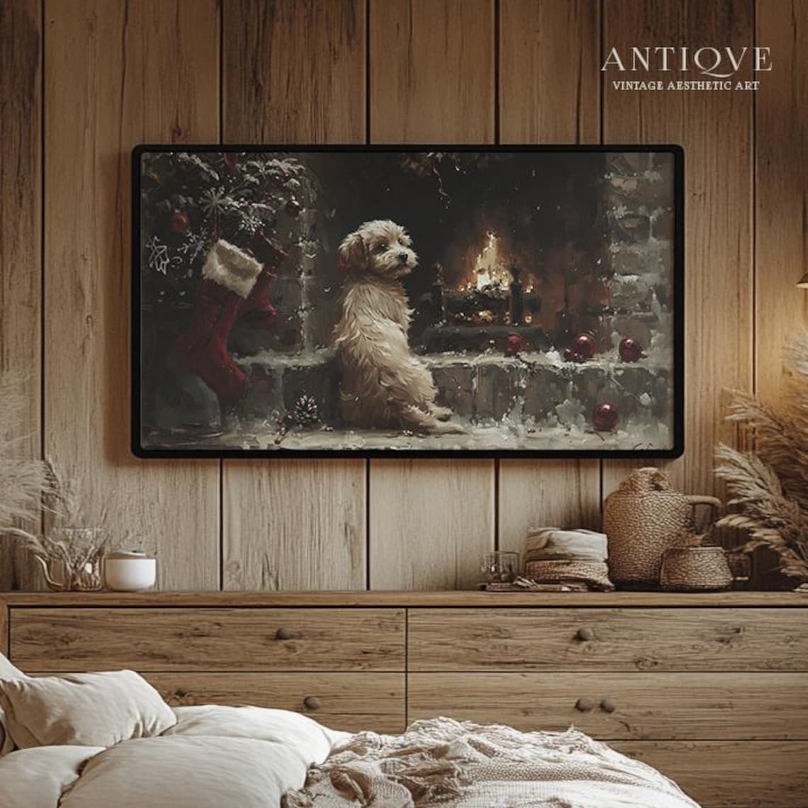 Dog By Fireplace Christmas Art Print, Cozy Holiday Decor