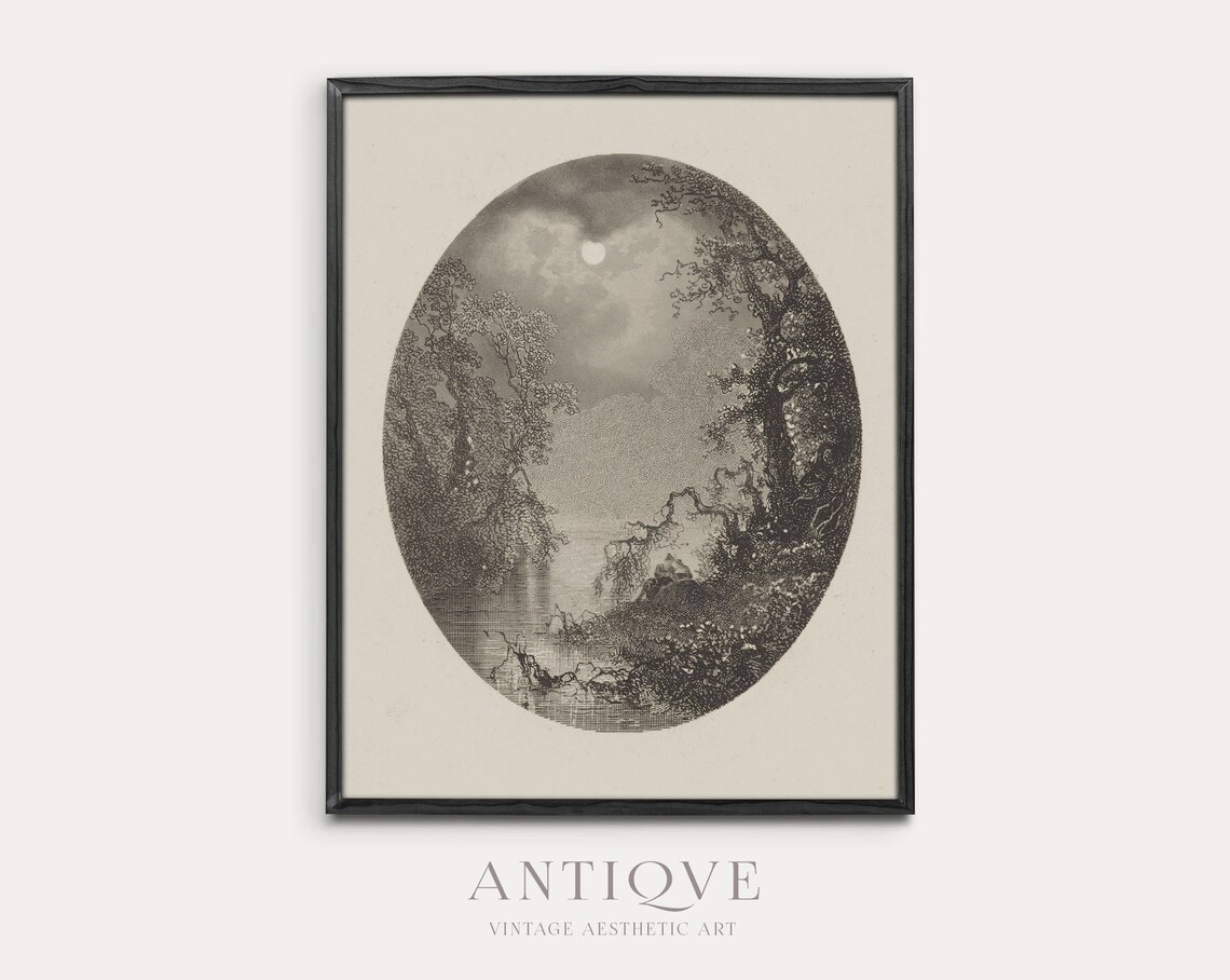 Vintage Black And White Oval Trees On Water Art Print