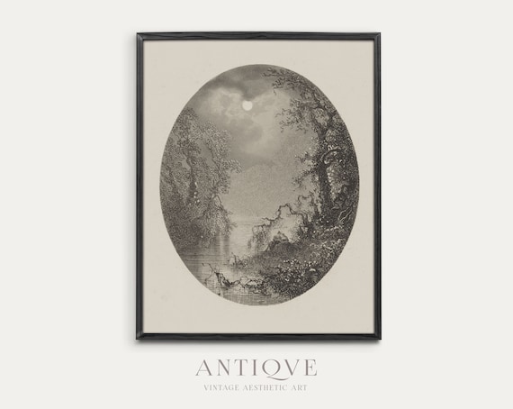 Vintage Black And White Oval Trees On Water Art Print