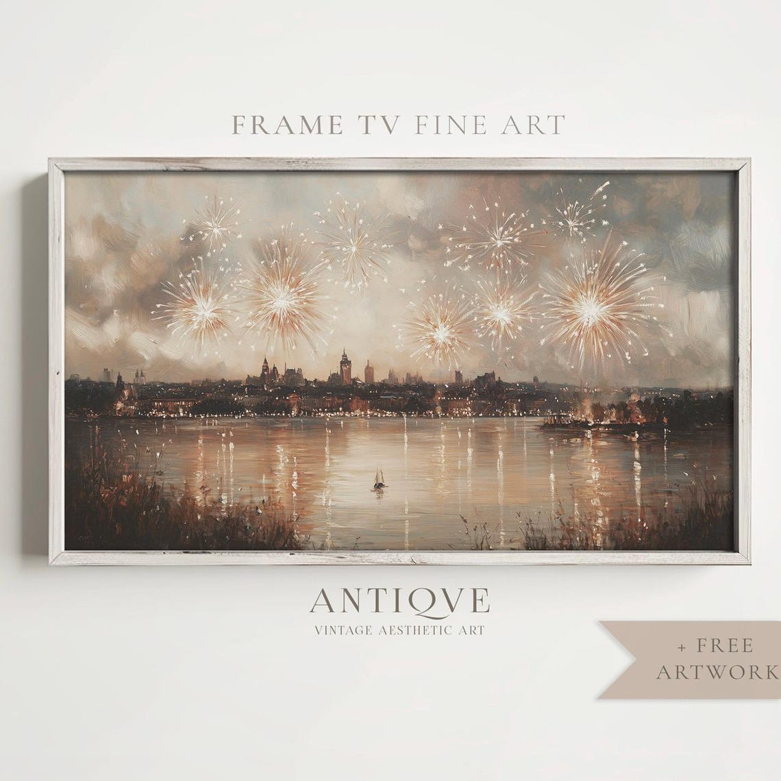 Fireworks Over River Skyline Festive New Year City Fine Art Print - Image 4