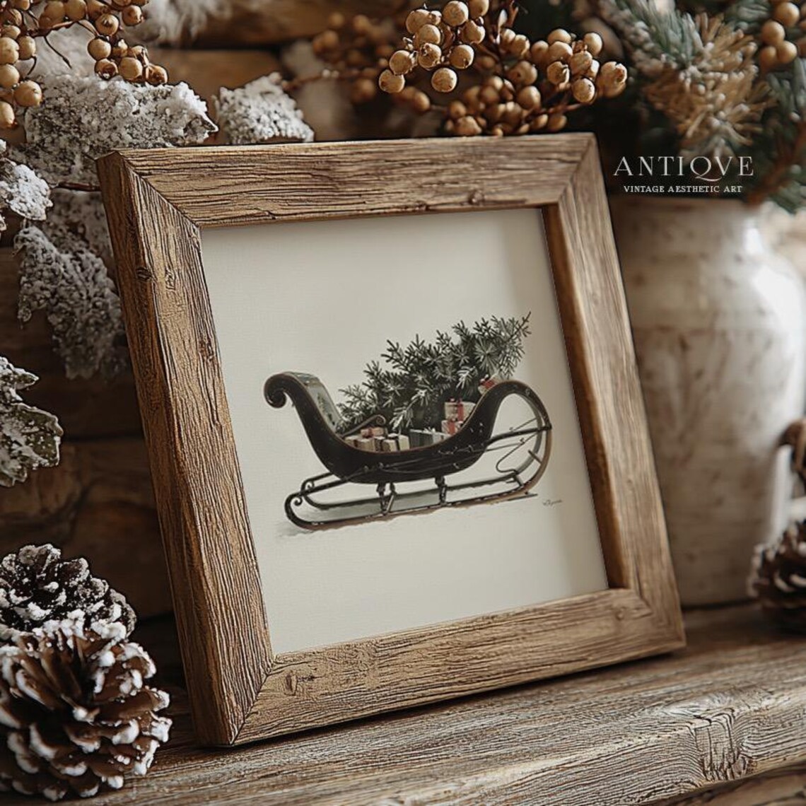 Vintage Sleigh With Christmas Tree, Farmhouse Art Print - Image 3