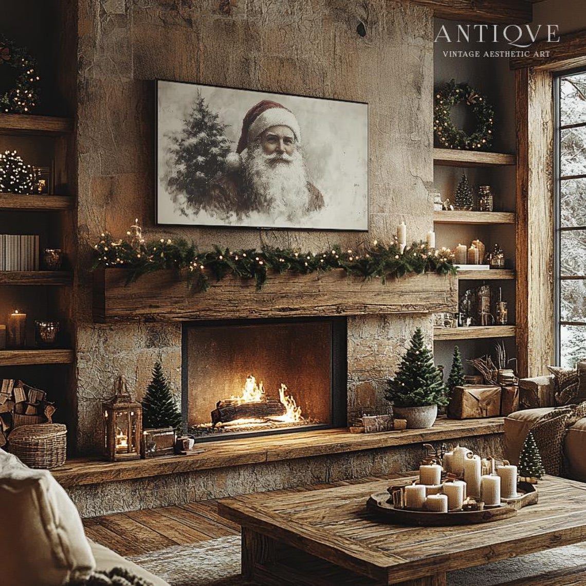 Santa Claus Portrait with Snowy Pine Neutral Holiday Sketch Wall Art - Image 2