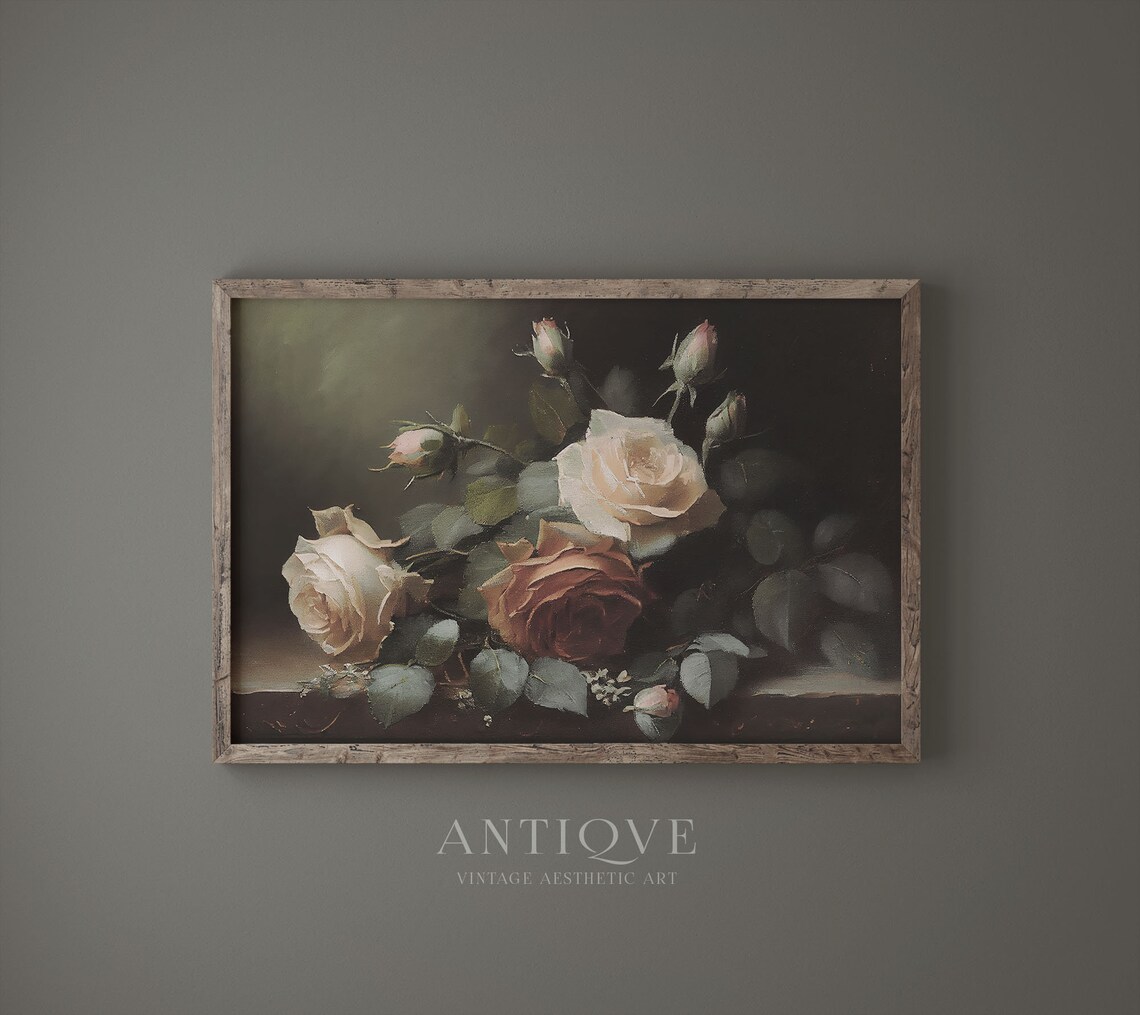 Moody Roses Still Life Oil Painting Art Print - Image 4