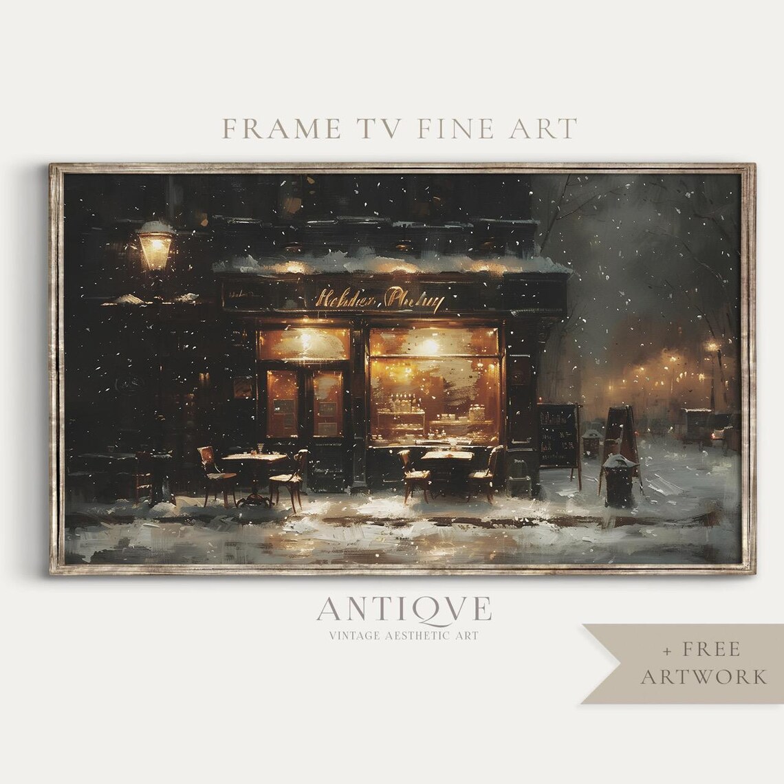 Moody Winter Cafe Night Painting, Christmas Decor