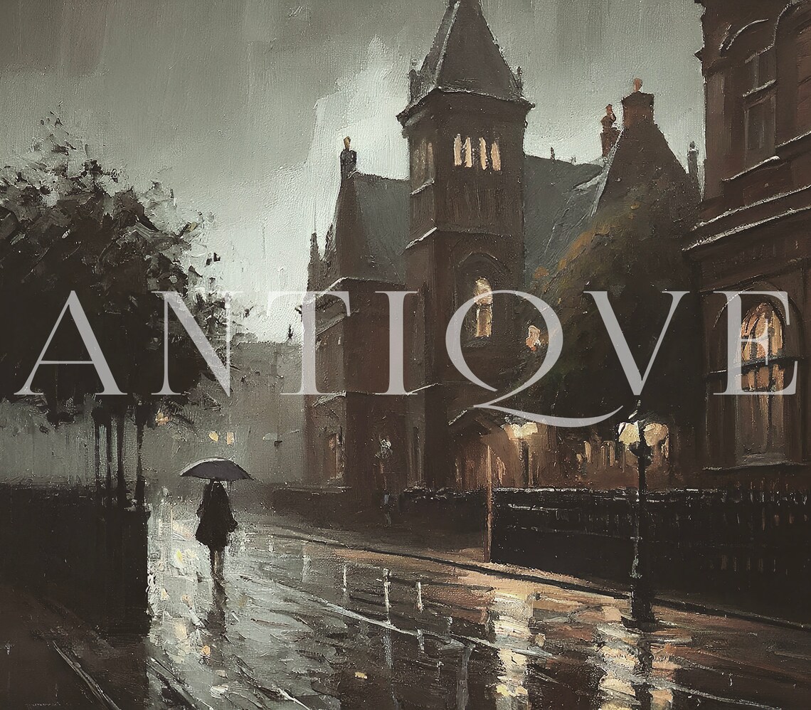 Moody Victorian City Street in the Rain, Art Print - Image 3