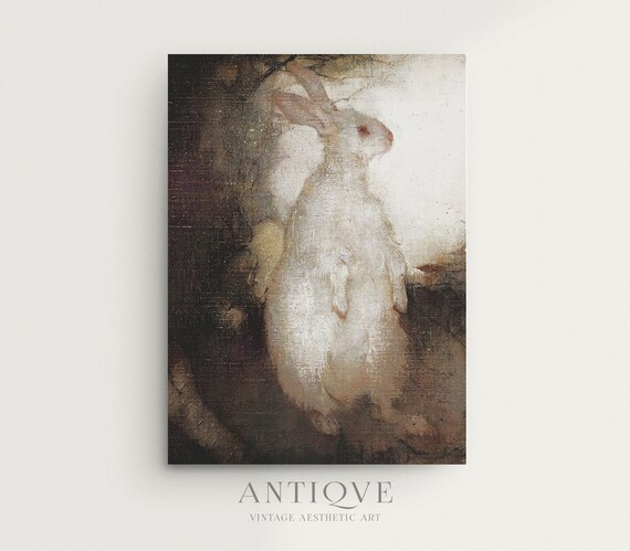 White Rabbit Dark Moody Vintage Oil Painting Style Art Print