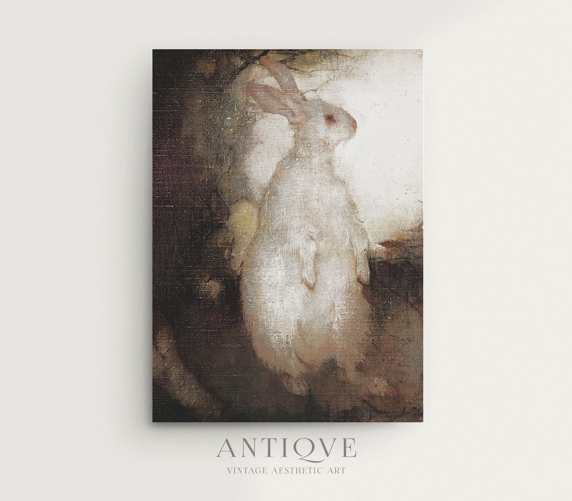 White Rabbit Dark Moody Vintage Oil Painting Style Art Print
