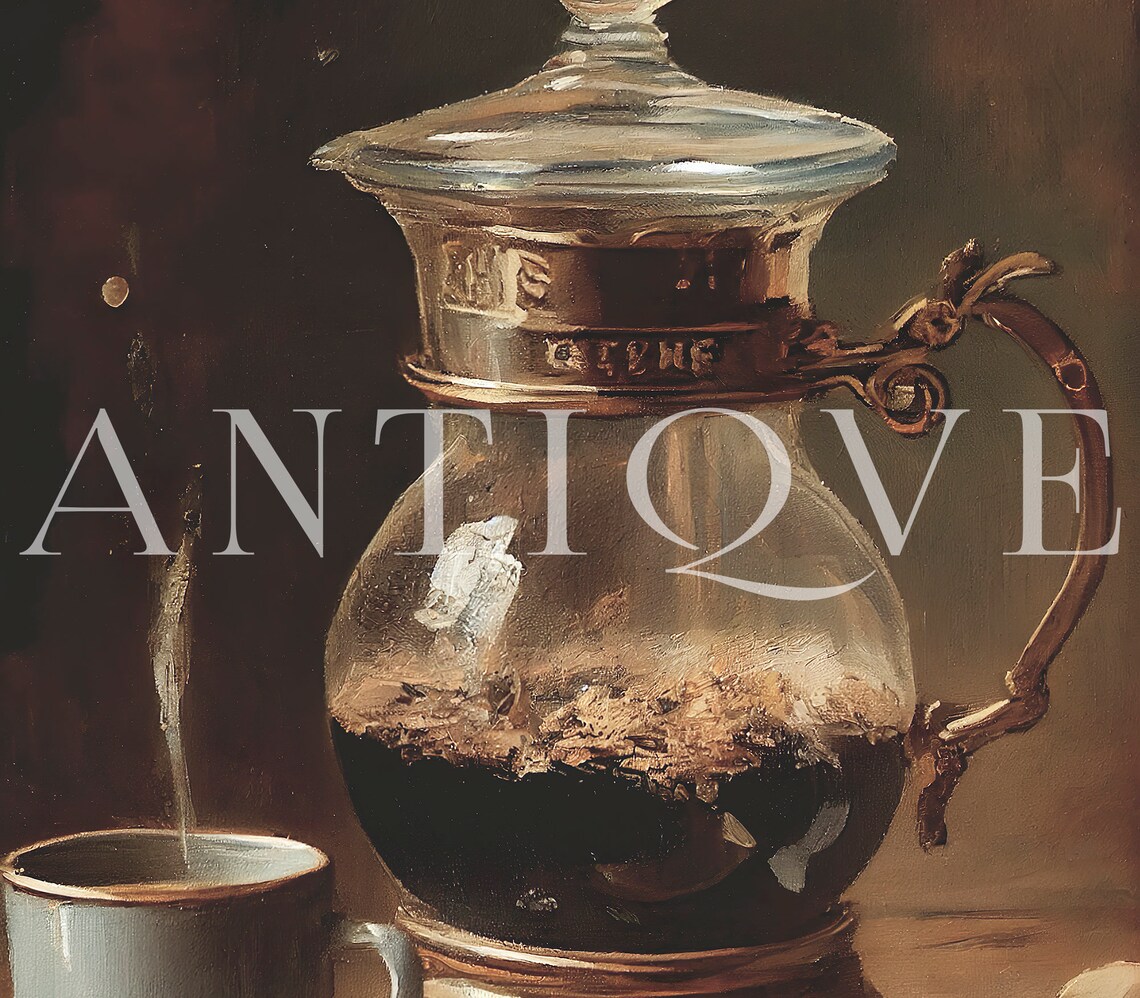 Antique Coffee Pot Painting, Vintage Kitchen Art - Image 3