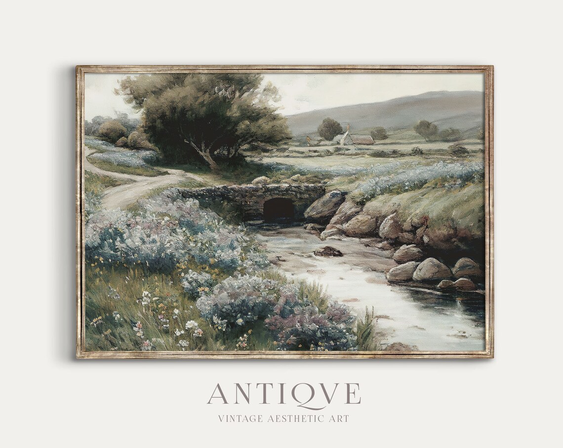 Irish Landscape Painting Stream With Flowers, Art Print - Image 2