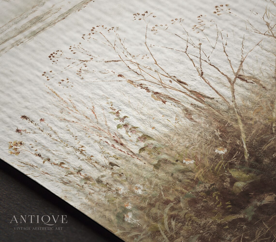 Neutral Wildflowers By The Water, Vintage Art Print - Image 4