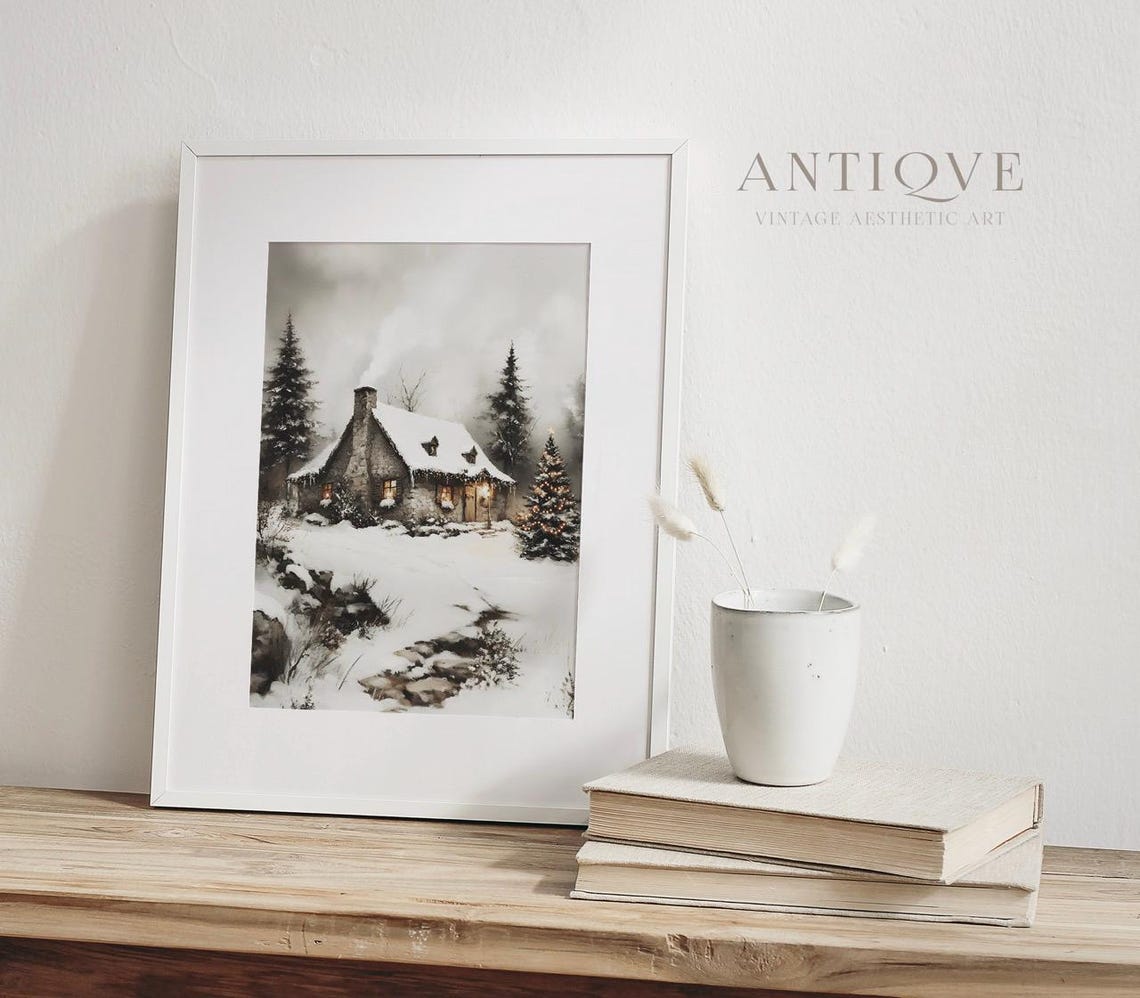Charming Snowy Stone Cottage With Christmas Tree Winter Night Poster - Image 3