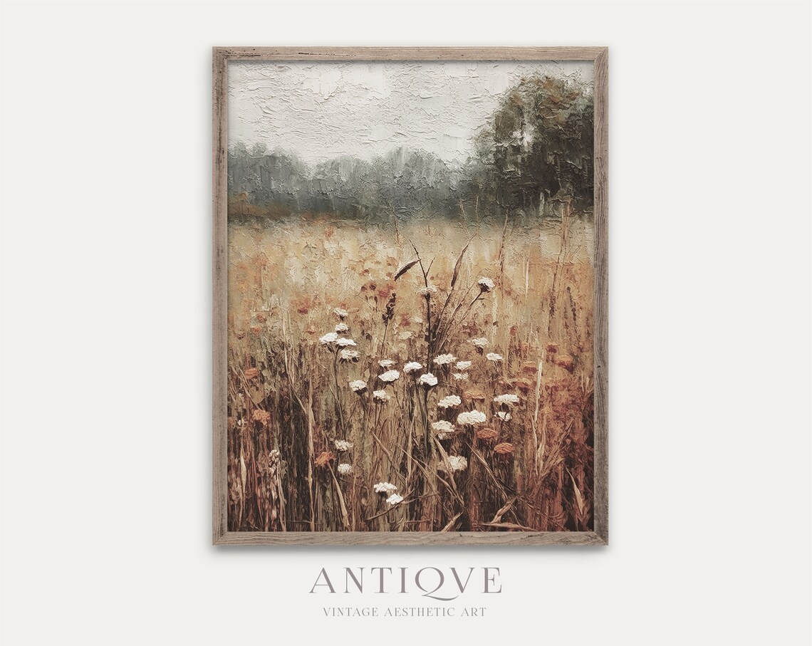 Autumn Wildflowers Textured Painting, Rustic Fall Landscape