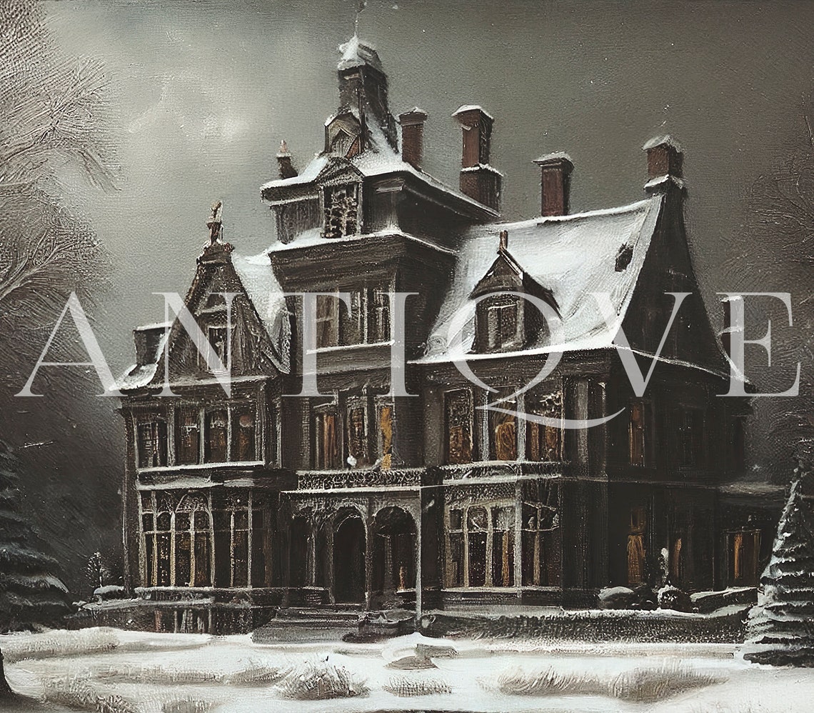Snowy Victorian Mansion At Night Moody Haunted Gothic Winter Poster - Image 3