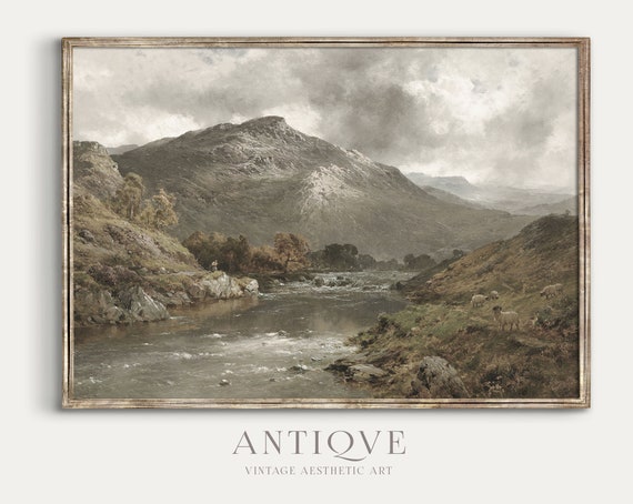 Scottish Highlands Oil Painting Vintage Scotland Home Decor Moody Rustic Landscape With Sheep By River 742