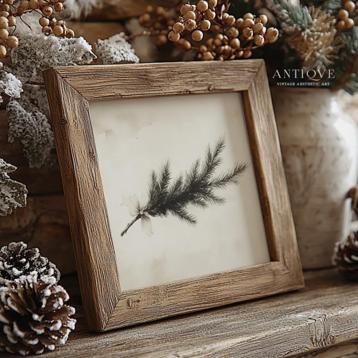 Square Minimal Evergreen Branch With Beige Ribbon, Art Print - Image 2