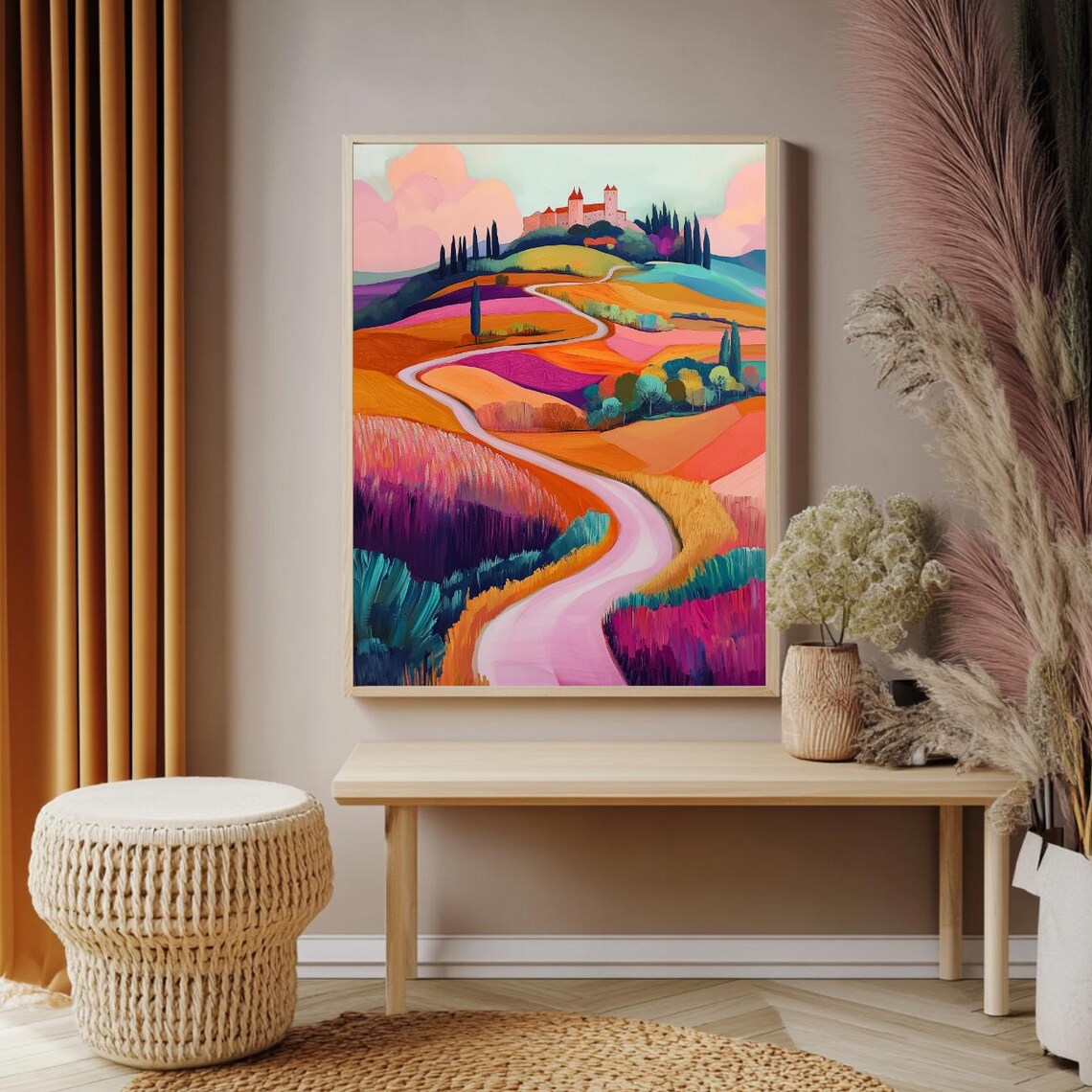 Curvy Road to the Castle Colorful Rolling Hills Landscape Poster