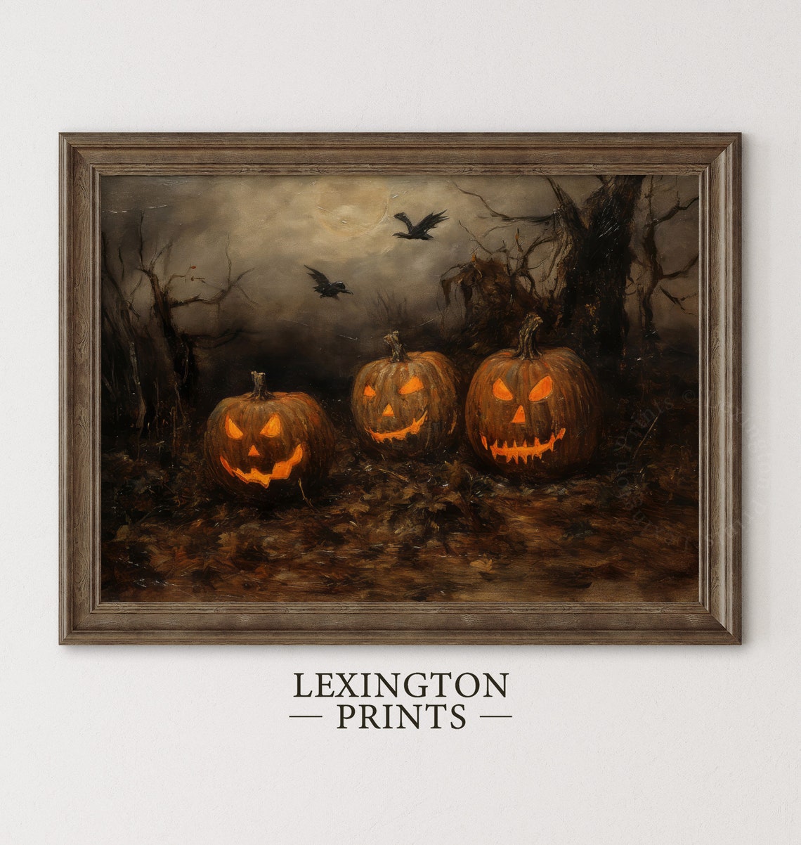 Three Glowing Jack O Lanterns in Dark Haunted Woods Halloween Poster - Image 2