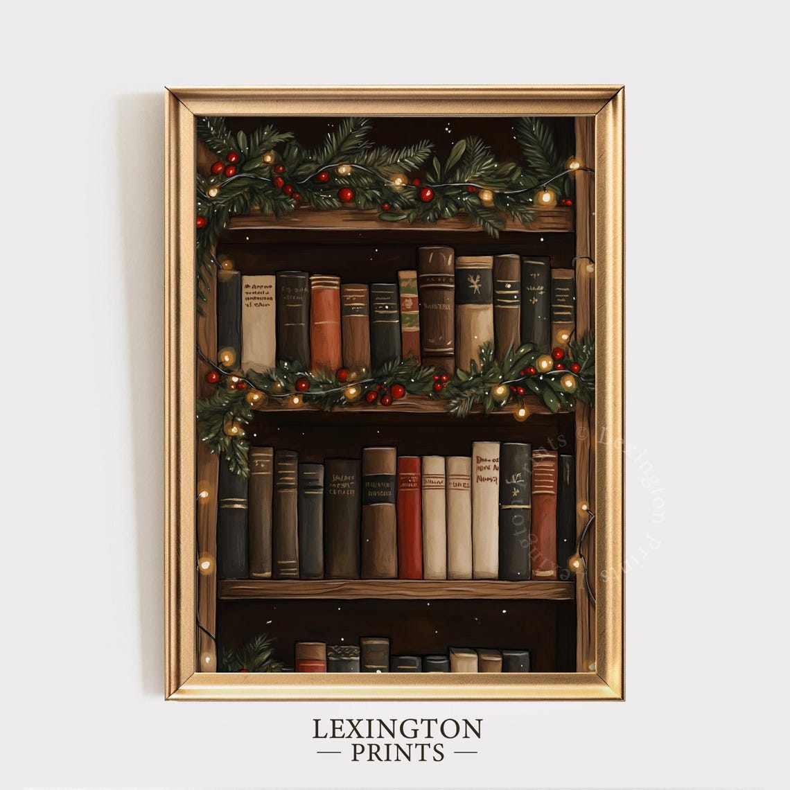 Christmas Bookshelf With Pine Garland And Twinkle Lights Cozy Poster - Image 5