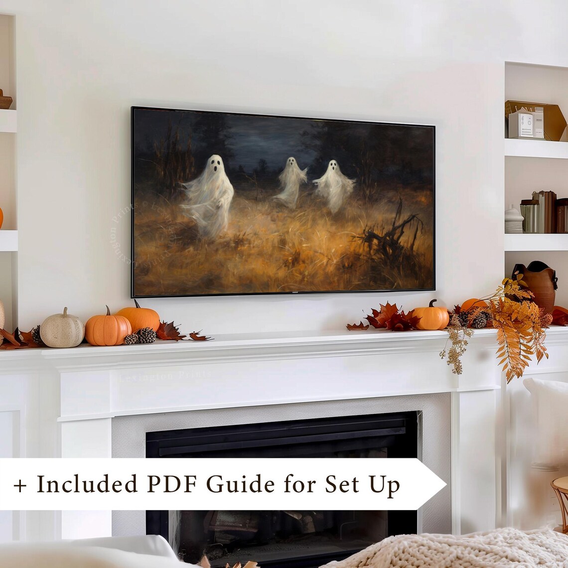 Three Dancing Ghosts in Golden Wheat Field Halloween Frame TV Art Print - Image 8