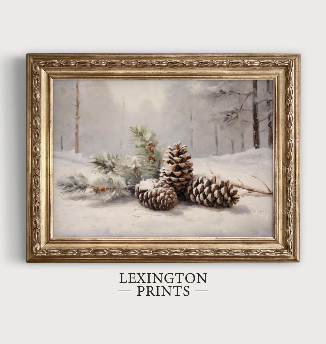 Vintage Winter Pinecones in a Snowy Forest Oil Painting Poster - Image 2