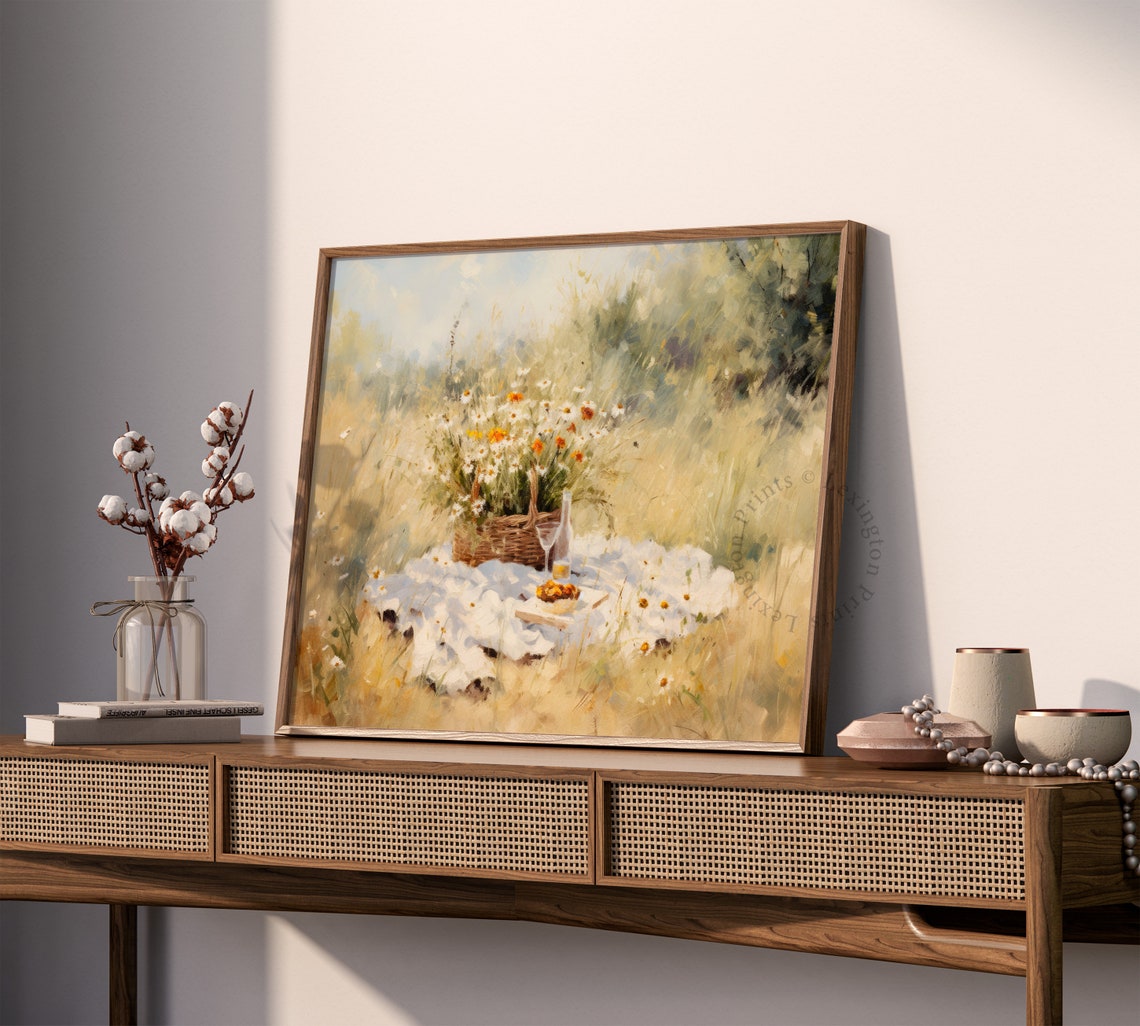 Wildflower Picnic Blanket Oil Painting Poster Sunlit Meadow Wall Decor - Image 7
