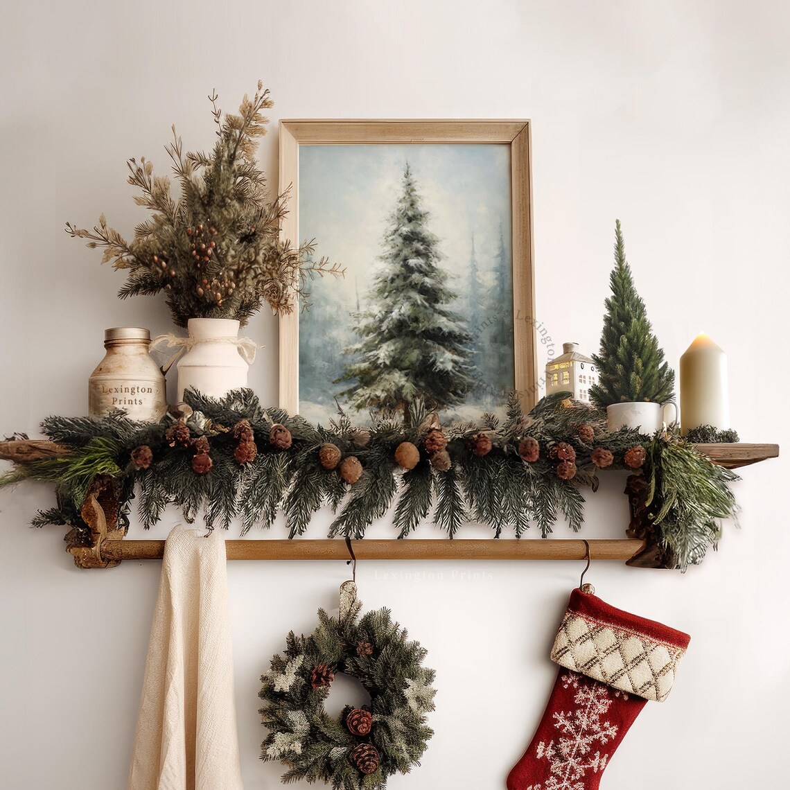 Snowy Pine Tree Winter Forest Foggy Landscape Vintage Painting Poster - Image 7
