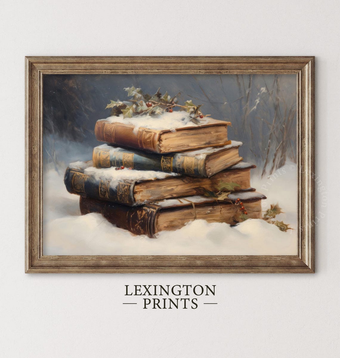 Stacked Old Books in Snow with Holly Winter Reading Decor Poster - Image 5