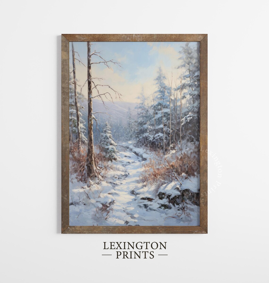 Sunlit Snowy Woodland Path Tall Pines Winter Painting Poster - Image 2