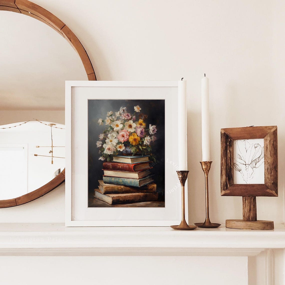 Wildflower Bouquet on Stack of Antique Books Dark Still Life Print - Image 3