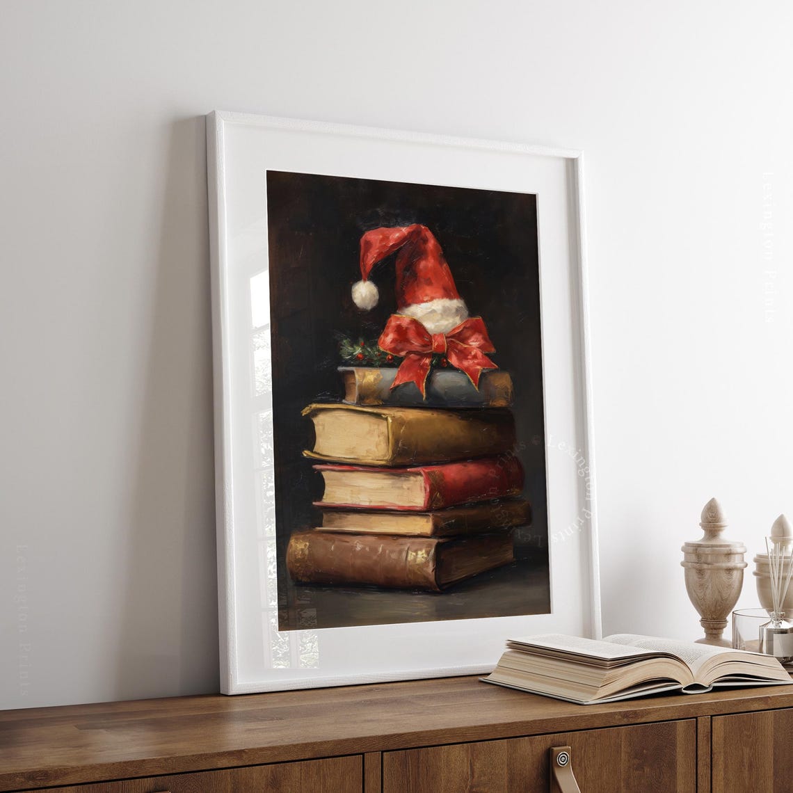 Stack of Old Books with Santa Hat and Red Bow Christmas Poster - Image 3