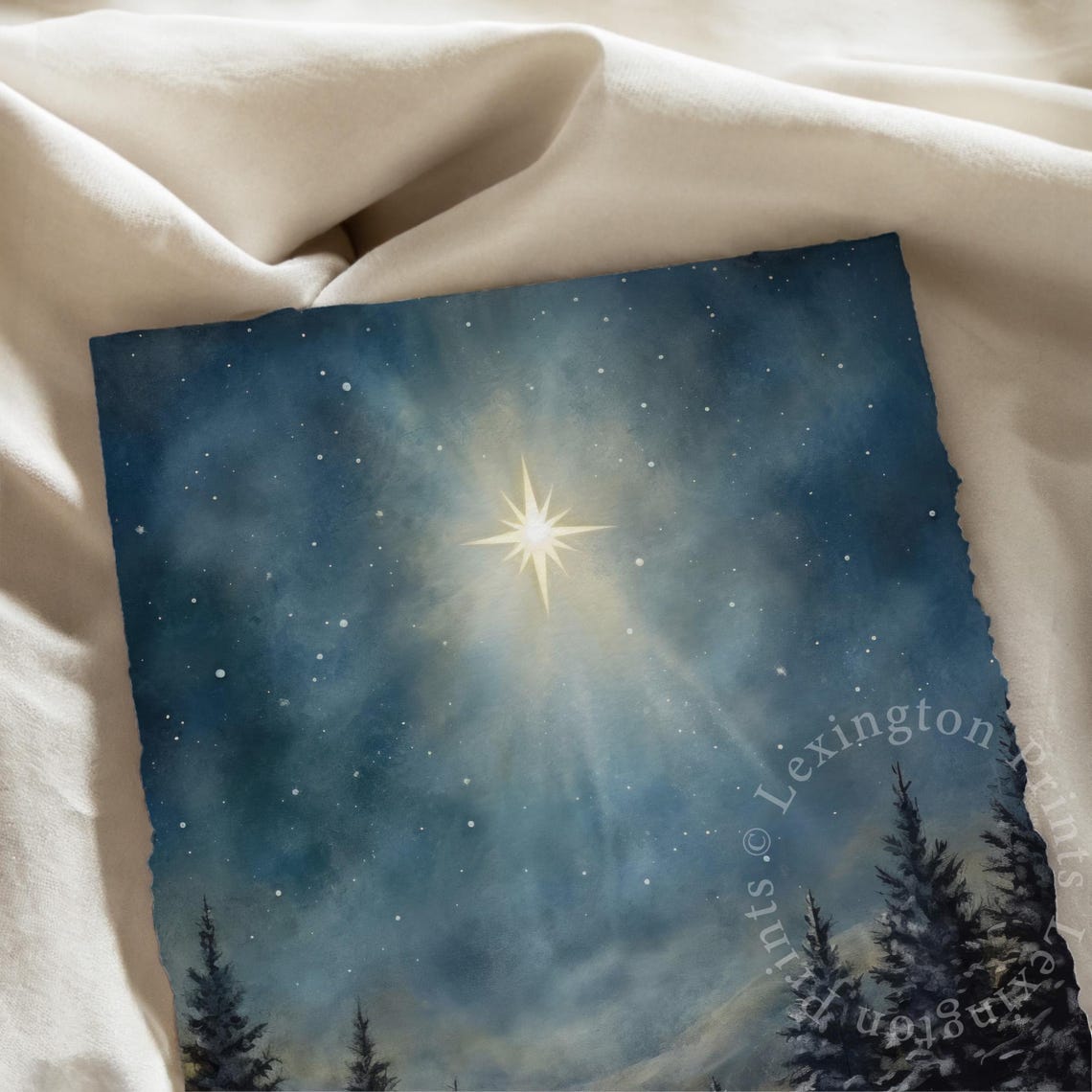 Shining Christmas Star Above Snowy Pine Forest Night Scene Print - Image 3