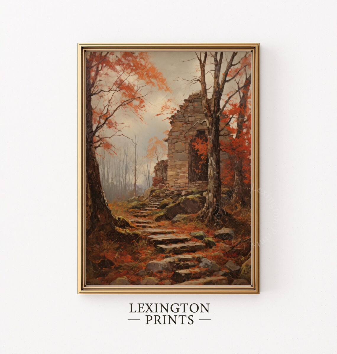 Autumn Stone Ruin Mossy Steps Red Orange Forest Vintage Landscape Poster - Image 3