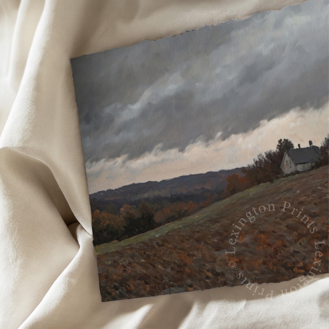 Stormy Autumn Hillside with Cottage Dark Clouds Oil Painting Poster - Image 7