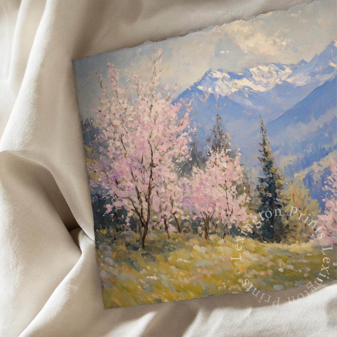 Pink Cherry Blossom Trees with Snowy Mountain Backdrop Wall Art