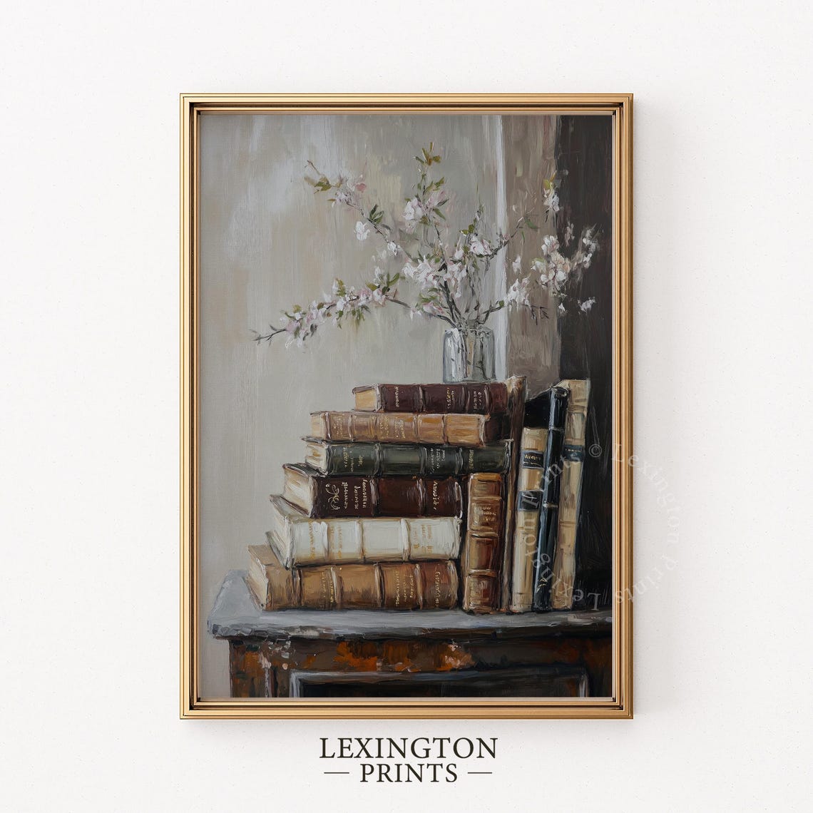 White Blossom Branches on Stack of Antique Books Vintage Art Print - Image 6