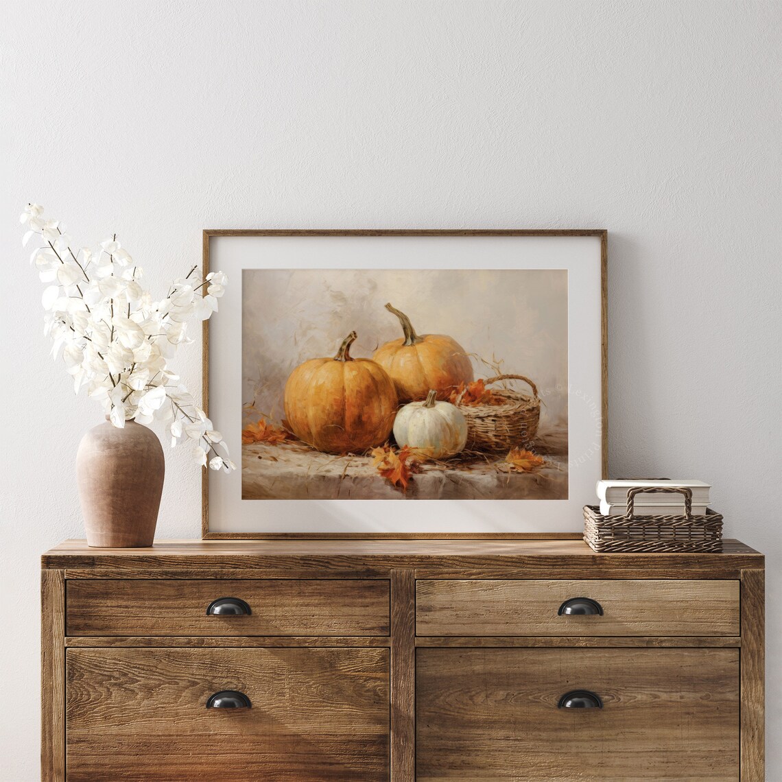 Pumpkin Harvest Still Life Wicker Basket Fall Oil Painting Poster - Image 7
