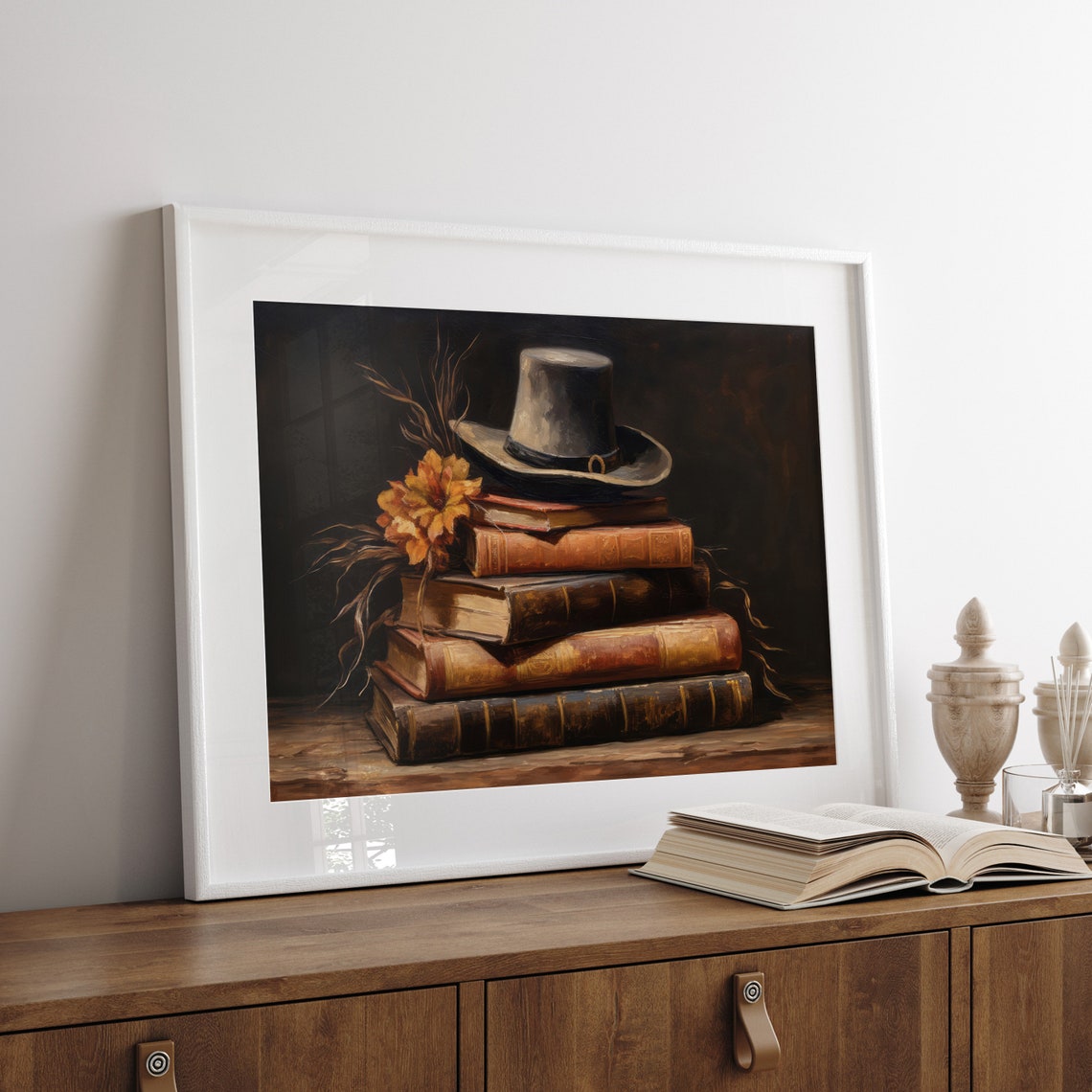 Pilgrim Hat on Stack of Old Books Vintage Fall Painting Poster - Image 6