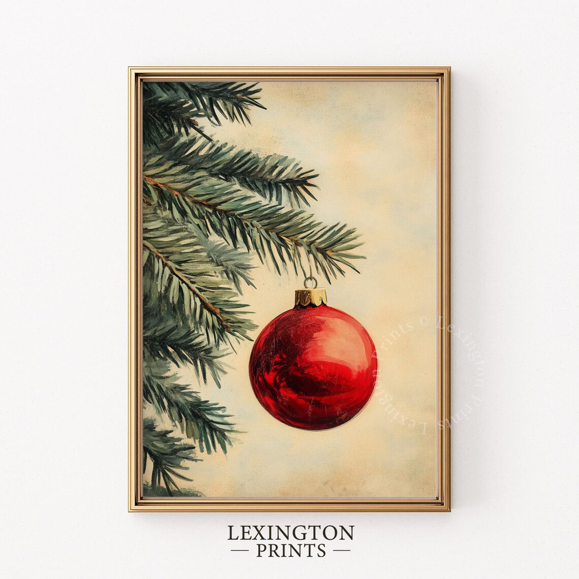 Single Red Christmas Ornament on Pine Branch Minimalist Vintage Poster - Image 4