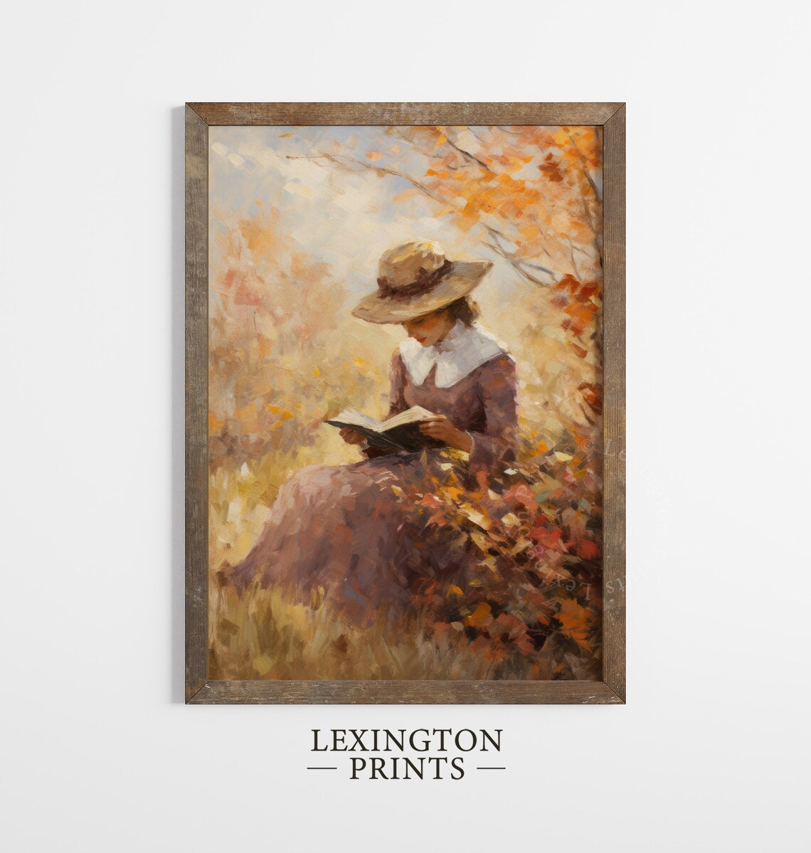 Woman Reading in Autumn Garden Vintage Hat Fall Foliage Art Poster - Image 8