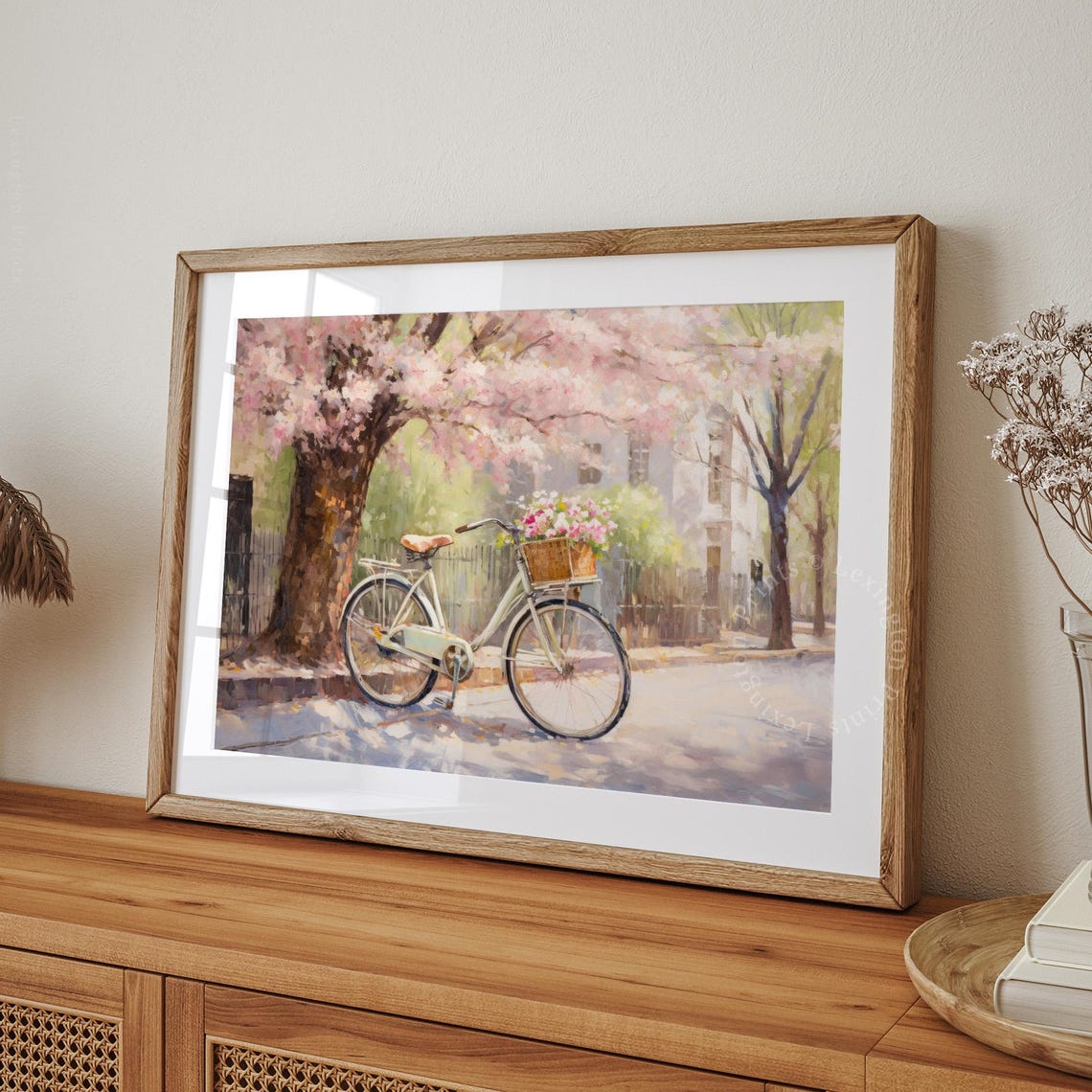Vintage Bicycle With Flower Basket Under Cherry Blossom Tree Print - Image 8
