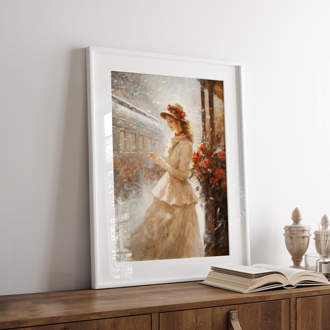 Woman with Red Flowers Beside a Train in Snow Painting Poster - Image 7
