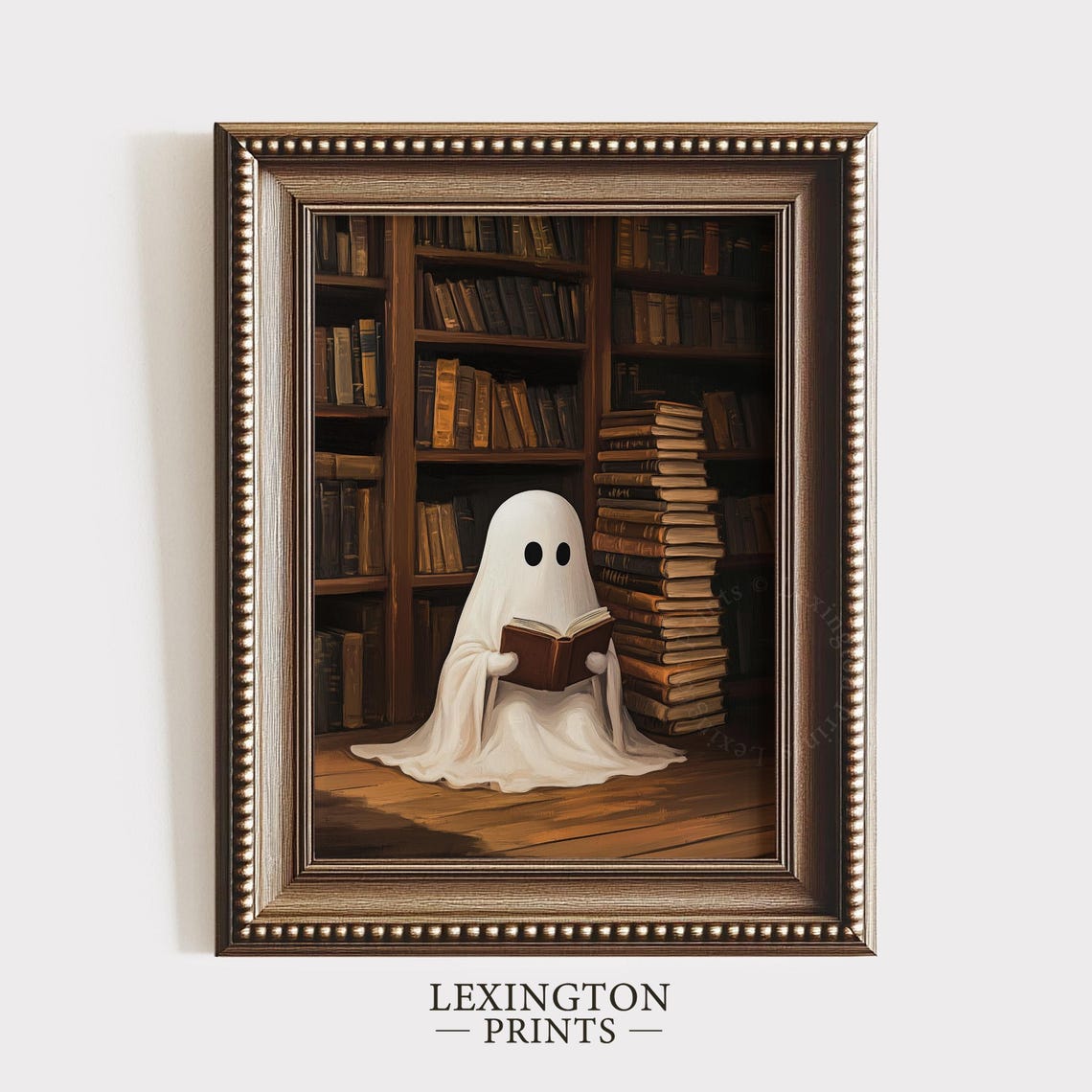 Cute Ghost Reading Book in Cozy Library Vintage Halloween Wall Art - Image 8