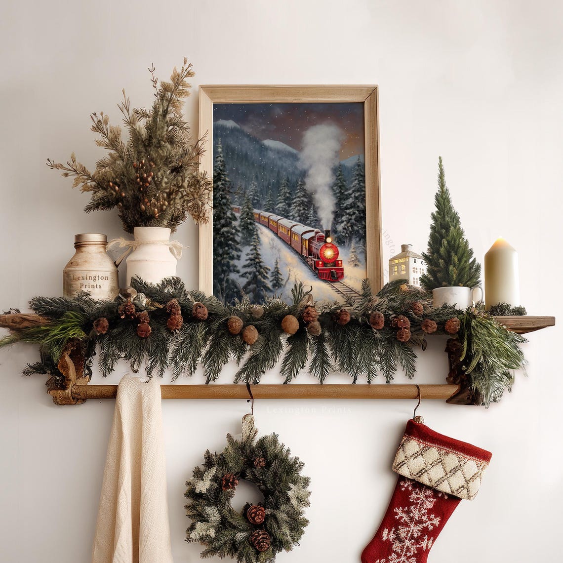 Vintage Red Steam Train Snowy Pine Forest Christmas Night Poster - Image 7