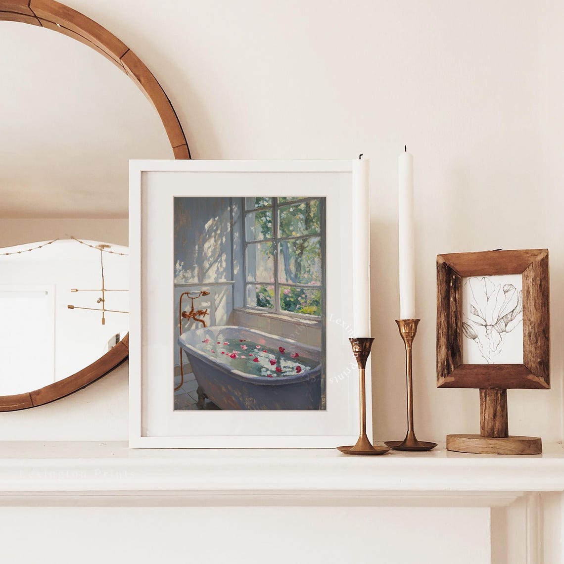 Rose Petal Bathtub by Sunlit Window Serene Spa Bathroom Art Print - Image 6