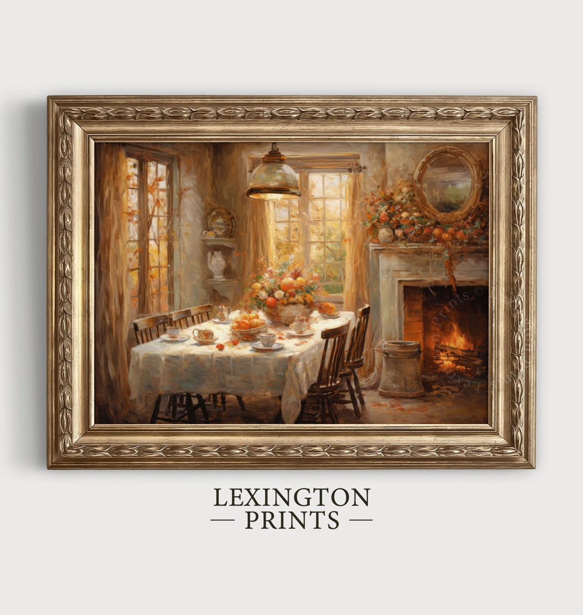 Cozy Autumn Dining Room with Fireplace Warm Fall Kitchen Wall Art - Image 5