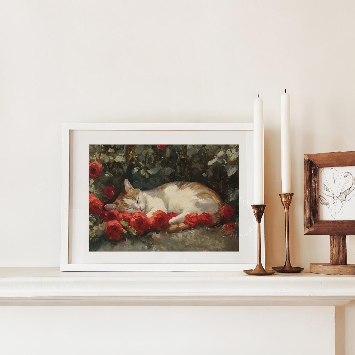 Sleeping Cat Among Red Roses Vintage Floral Oil Painting Wall Art - Image 3