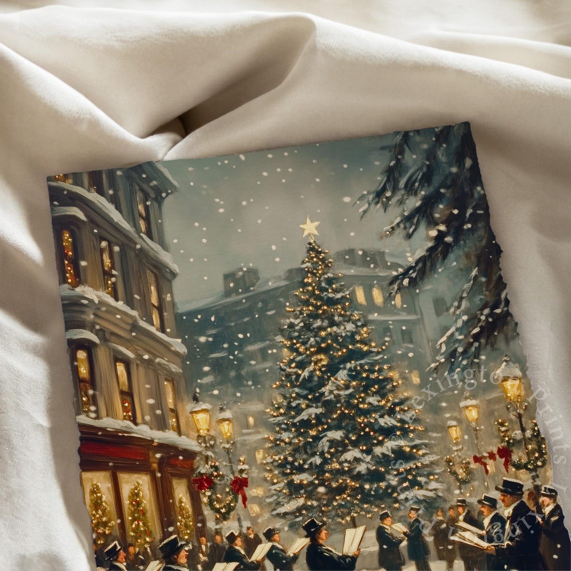 Victorian Christmas Carolers Singing by Lit Tree Snowy Poster - Image 6